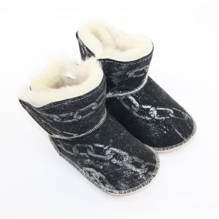 Chaussons bébé entièrement fourrés en laine agneau noir billant strass