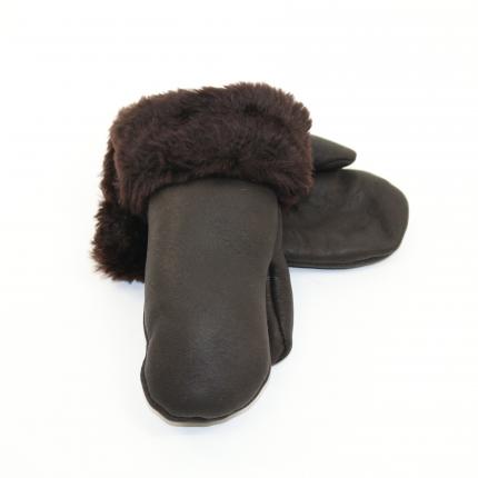 Moufles enfant en peau d agneau double face fourrure mouton marron foncé