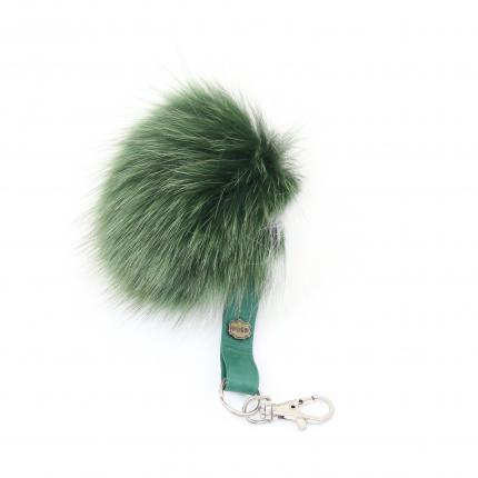 Gros pompon porte clé en fourrure de renard naturelle teintée vert et blanc