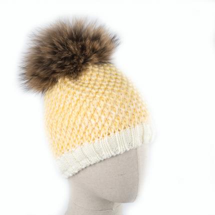 Bonnet ANAPURNA YELLOW avec pompon en véritable fourrure de Finnraccoon raton laveur