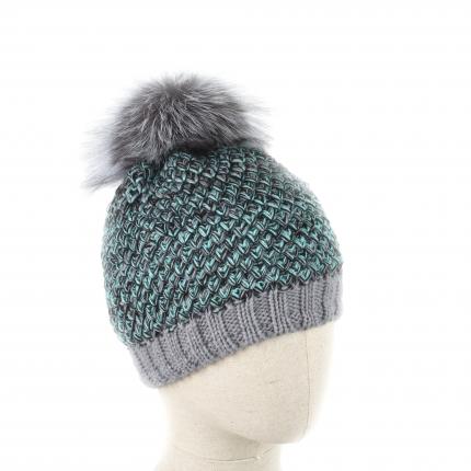 Bonnet ANAPURNA MINT bleu turquoise noir et gris avec pompon en véritable fourrure de renard silver fox