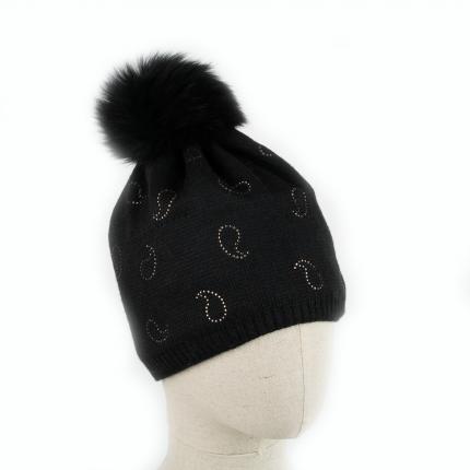Bonnet BATURA en laine noir pompon en fourrure naturelle de renard teinté noire tricot strass argenté goutte qualité intérieur p