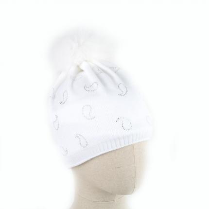 bonnet BATURA blanc en laine avec pompon en fourrure naturelle de renard blanc white shadow bande polaire et strass argentés