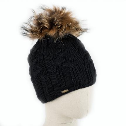 bonnet en laine naturelle noir et pompon en vraie fourrure de finnraccoon