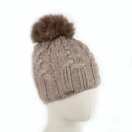 bonnet en laine naturelle beige marron glacé et pompon en vraie fourrure de renard marron tricot torsade