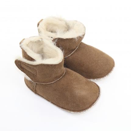 chaussons CBG brow vel  bébé en peau agneau fourrure mouton cuir lisse MARRON VELOUR velcro chaud peaux fourrures cadeau naissan