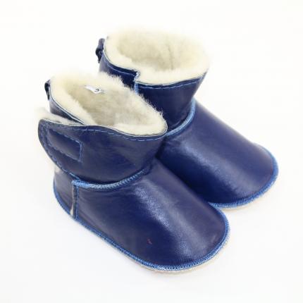 chaussons bébé en peau agneau fourrure mouton cuir lisse bleu velcro chaud peaux fourrures cadeau naissance pas cher fourré natu