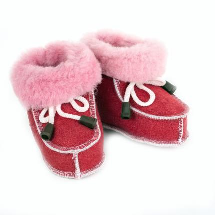 Chaussons bébé en peau agneau double face intérieur fourré laine mouton dessus cuir rose fushia framboise fille peaux fourrures 