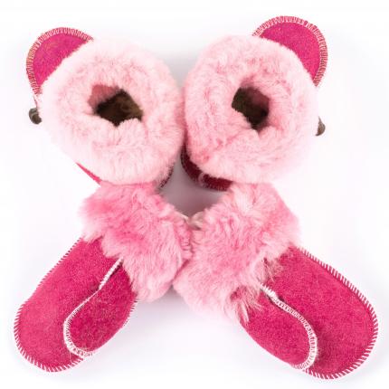 Moufles et chaussons en peau agneau double face dessus cuir mouton intérieur fourré laine naturelle chaude rose framboise fille 